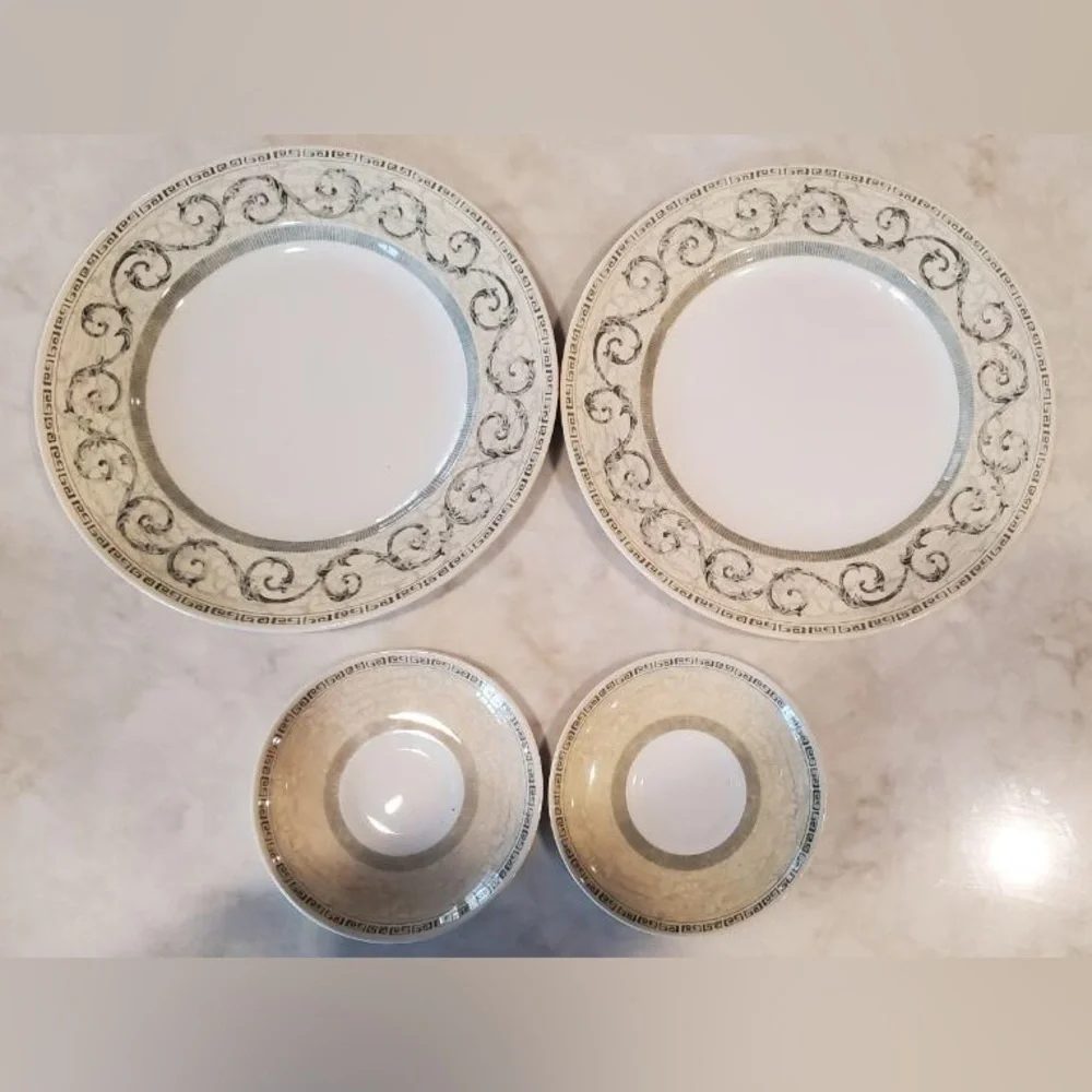 2 Acanthus by Johnson Bros. large dinner plates 11” & 2 saucers